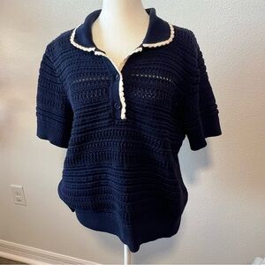 [Kate Spade]Navy Blue Women's Knit Top with White Trim
